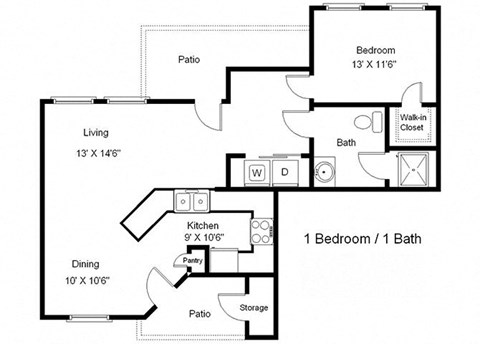 Floor plan for 1 bed, 1 bath, 737 sqft